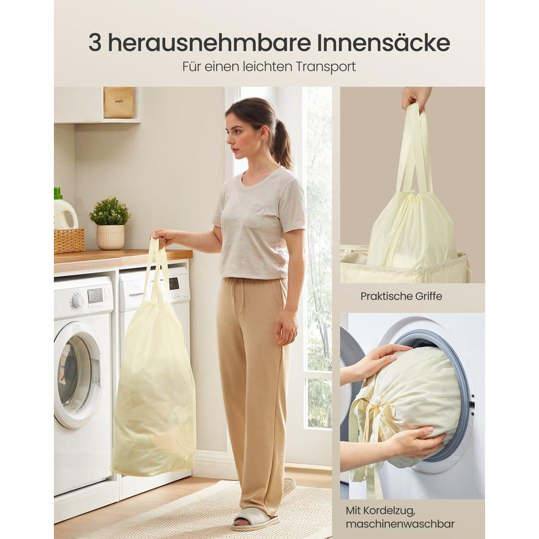 Wasmand met 3 Compartimenten en Afneembare Wasbare Binnenzak – Wasbox met Deksel en Sorteerlabels