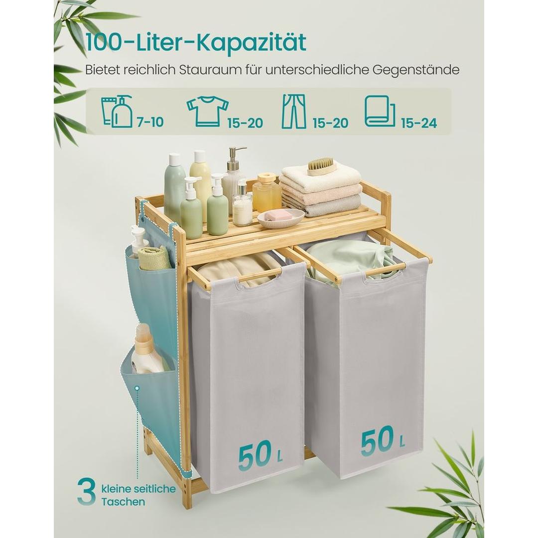 Wasmand met Meerdere Compartimenten – 3-Vaks Wasbox van Bamboe met Opbergplank en Uitneembare Waszakken