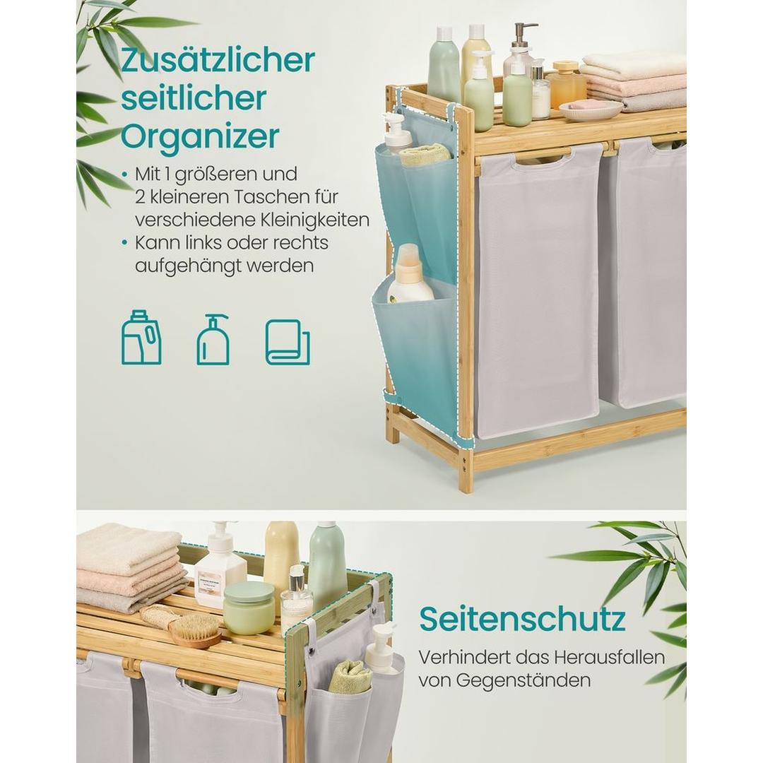 Wasmand met Meerdere Compartimenten – 3-Vaks Wasbox van Bamboe met Opbergplank en Uitneembare Waszakken