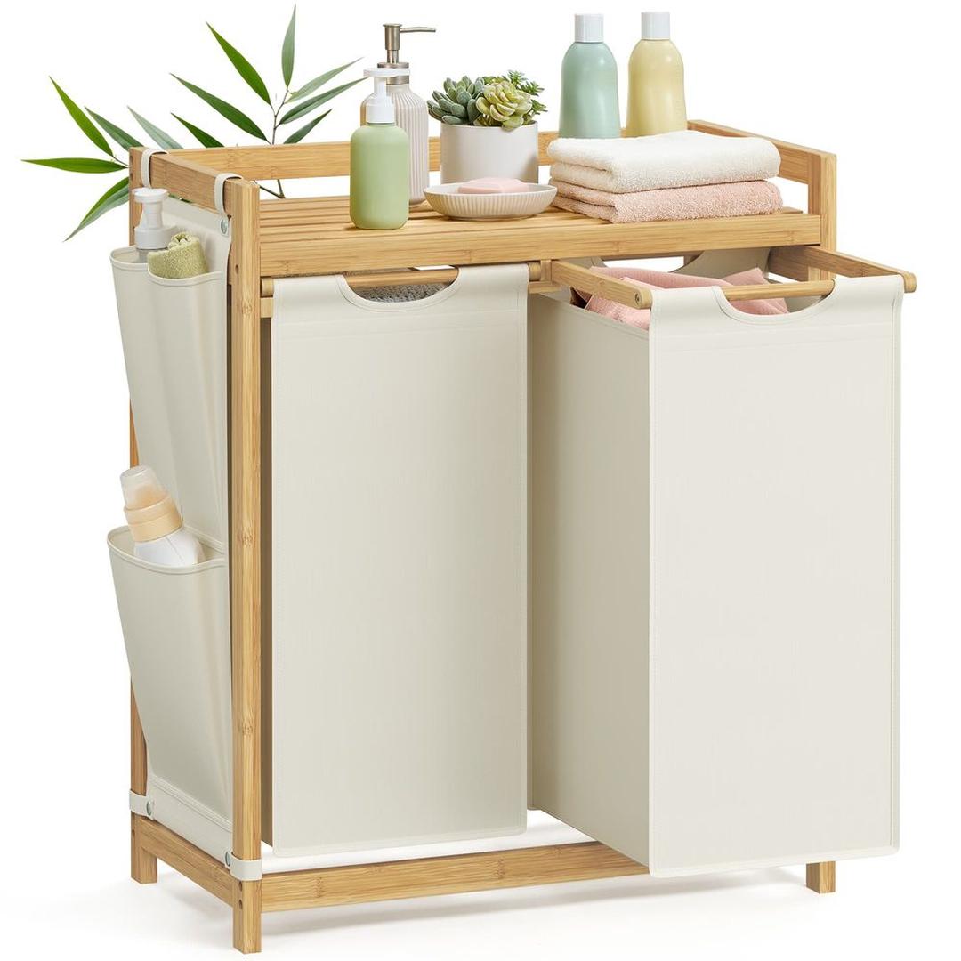 Wasmand met Meerdere Compartimenten – 3-Vaks Wasbox van Bamboe met Opbergplank en Uitneembare Waszakken