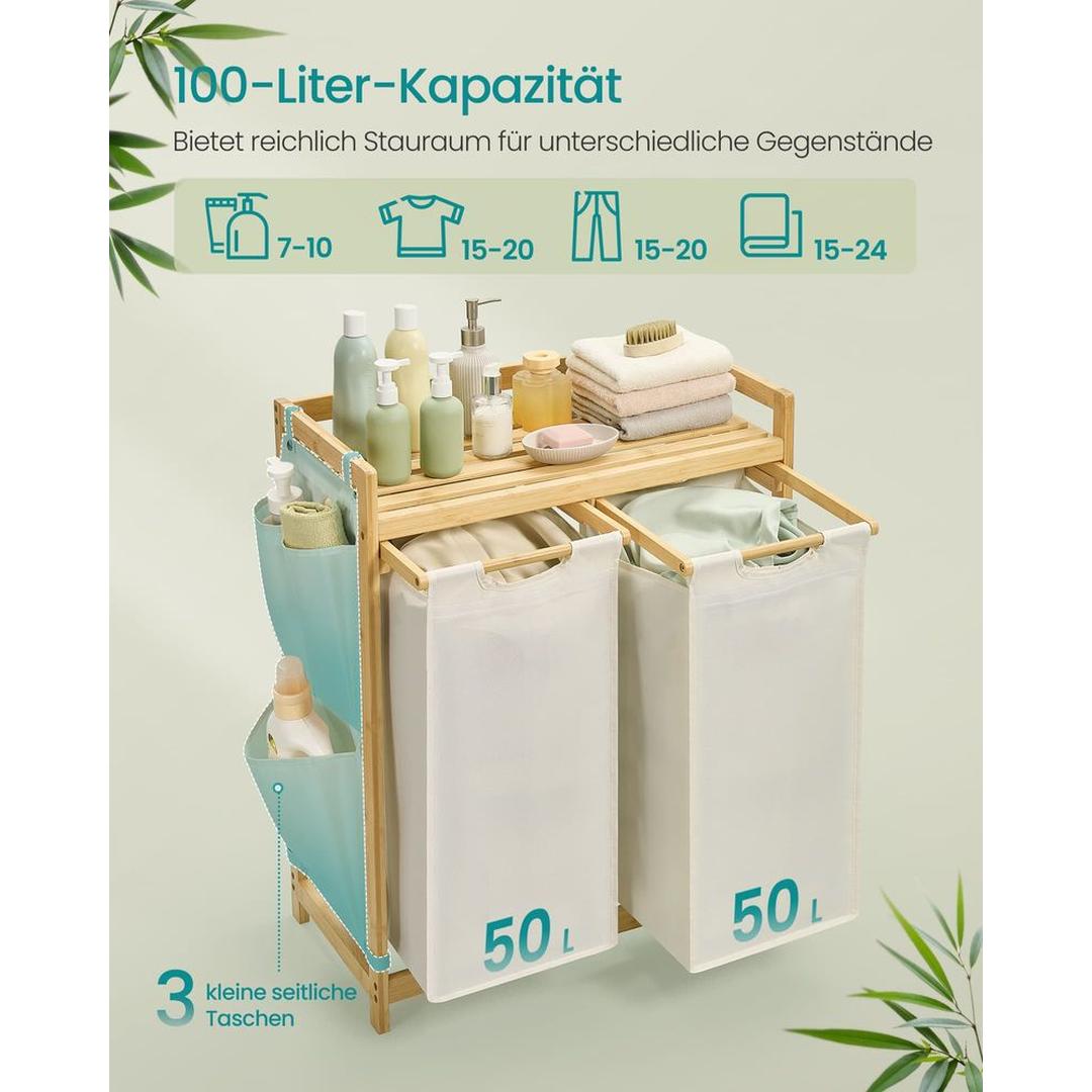 Wasmand met Meerdere Compartimenten – 3-Vaks Wasbox van Bamboe met Opbergplank en Uitneembare Waszakken