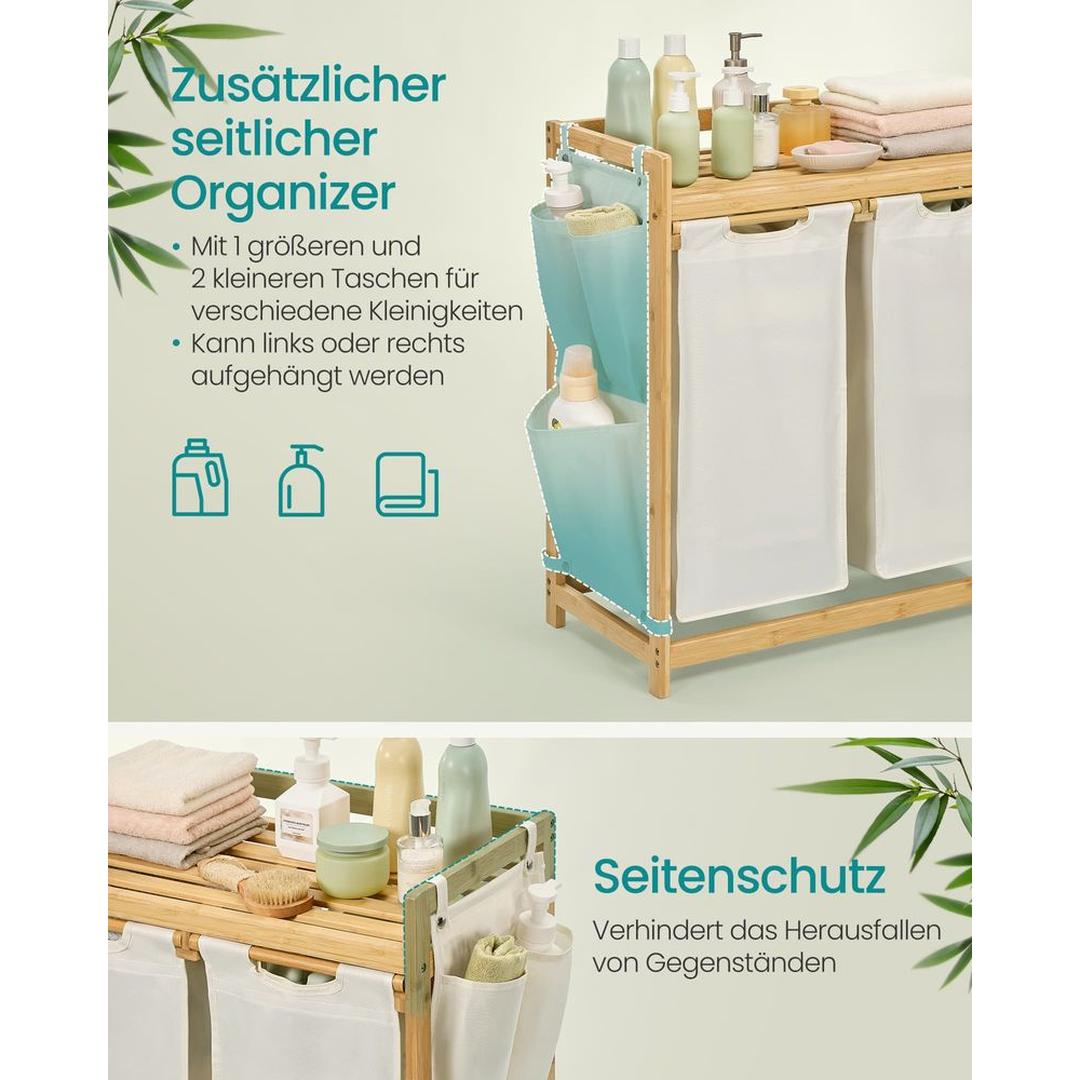 Wasmand met Meerdere Compartimenten – 3-Vaks Wasbox van Bamboe met Opbergplank en Uitneembare Waszakken