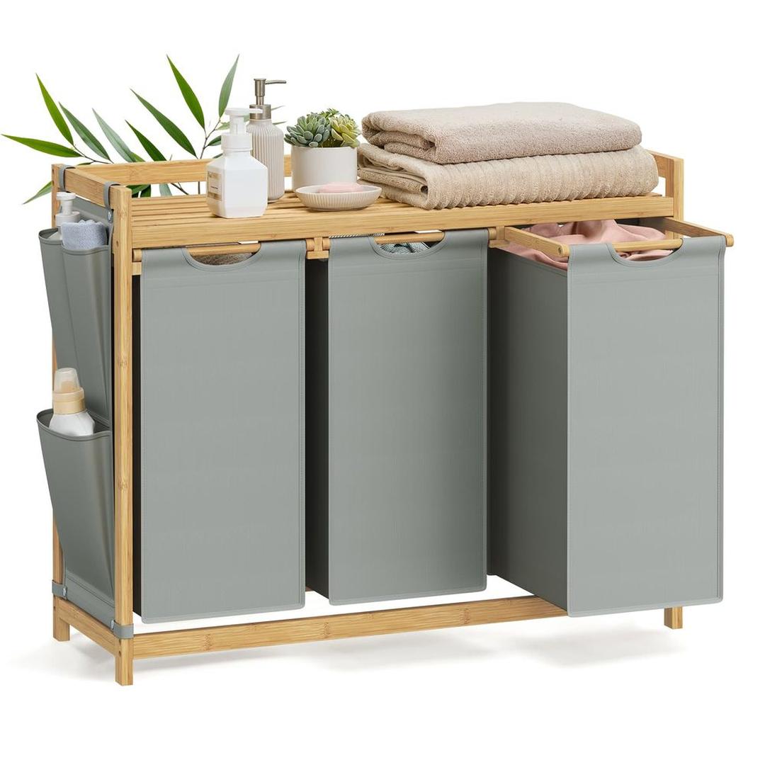 Wasmand met Meerdere Compartimenten – 3-Vaks Wasbox van Bamboe met Opbergplank en Uitneembare Waszakken