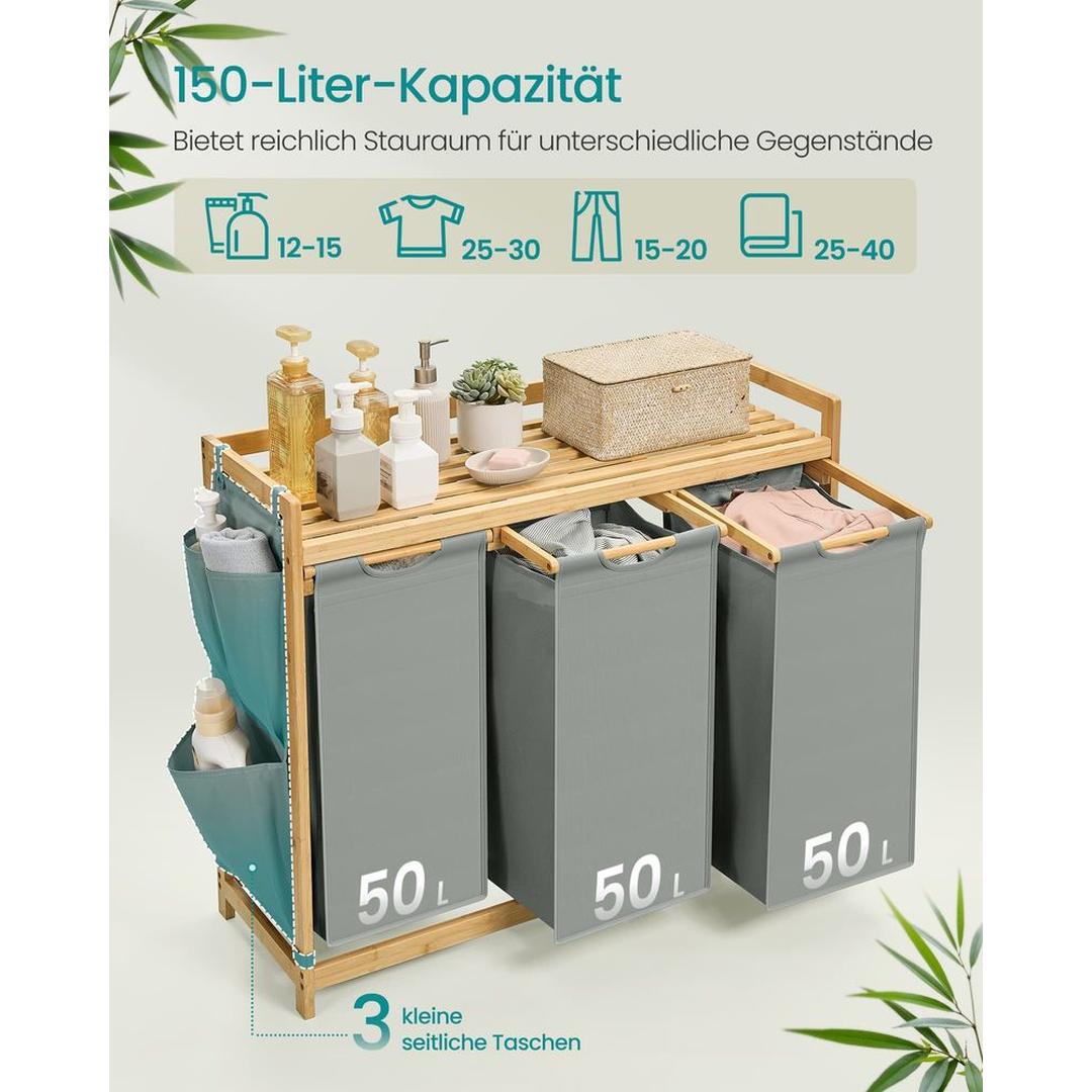 Wasmand met Meerdere Compartimenten – 3-Vaks Wasbox van Bamboe met Opbergplank en Uitneembare Waszakken