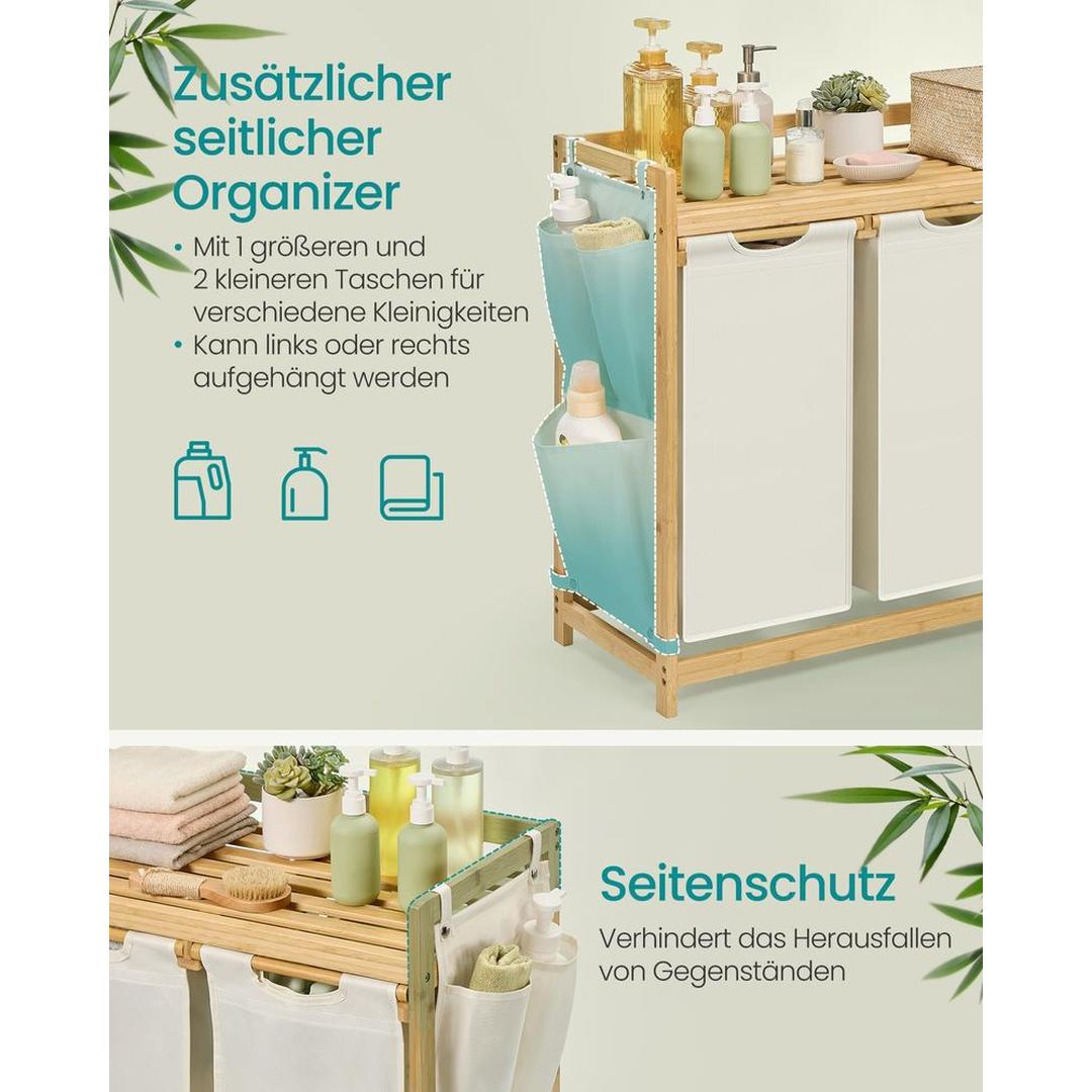 Wasmand met Meerdere Compartimenten – 3-Vaks Wasbox van Bamboe met Opbergplank en Uitneembare Waszakken