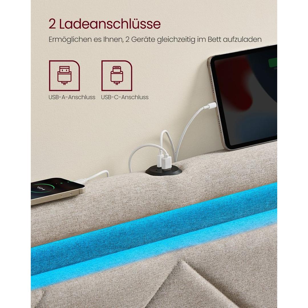 LED boxspring met opberglades – USB-A en USB-C, verstelbaar hoofdbord, cappuccino beige