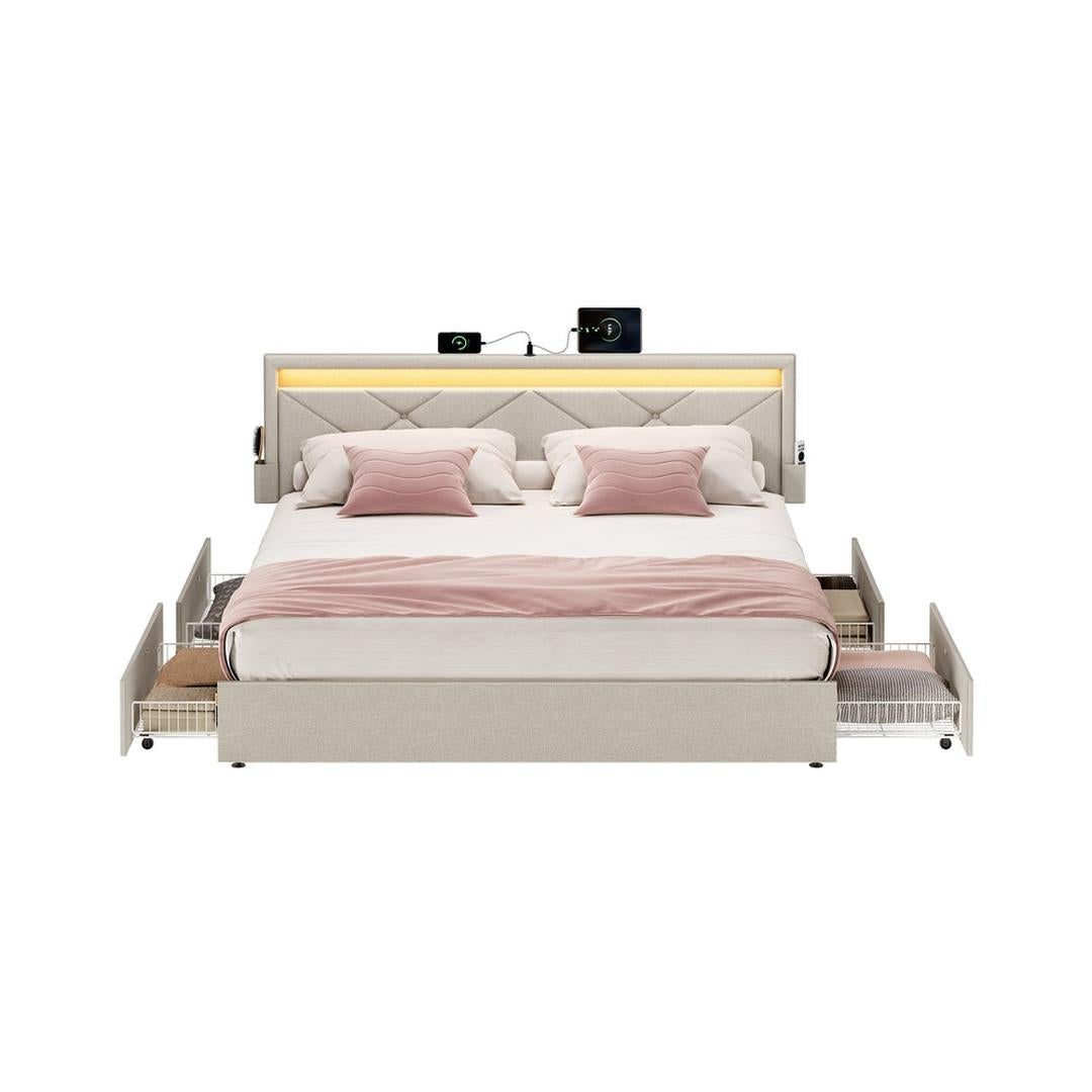 LED boxspring met opberglades – USB-A en USB-C, verstelbaar hoofdbord, cappuccino beige