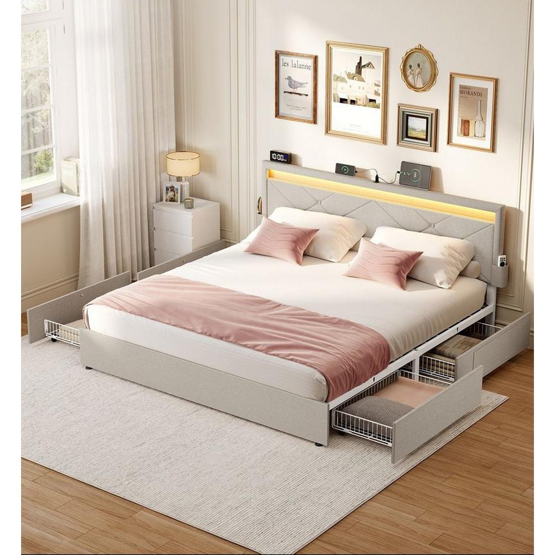 LED boxspring met opberglades – USB-A en USB-C, verstelbaar hoofdbord, cappuccino beige