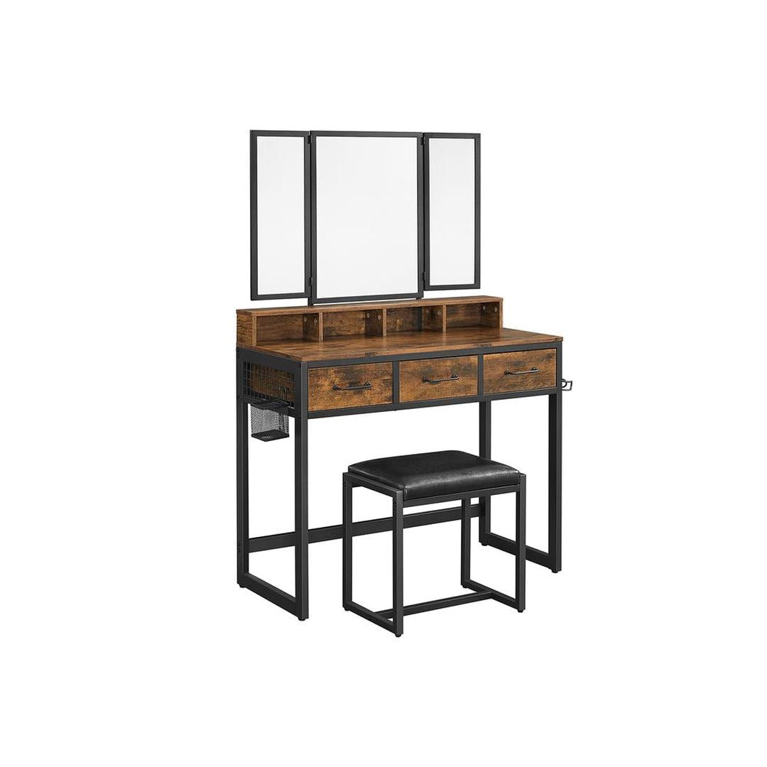 Kaptafel met Spiegel en Kruk – Make-uptafel met 3-Delige Klapspiegel, Lades en Open Opbergvakken