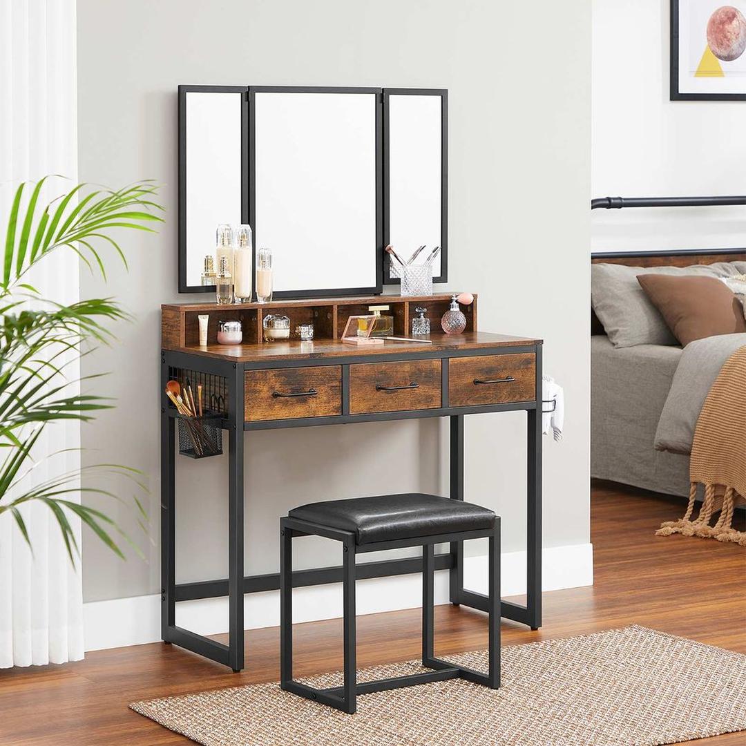Kaptafel met Spiegel en Kruk – Make-uptafel met 3-Delige Klapspiegel, Lades en Open Opbergvakken