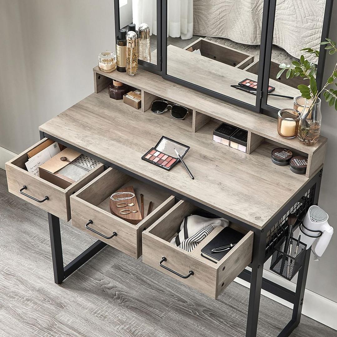Kaptafel met Spiegel en Kruk – Make-uptafel met 3-Delige Klapspiegel, Lades en Open Opbergvakken