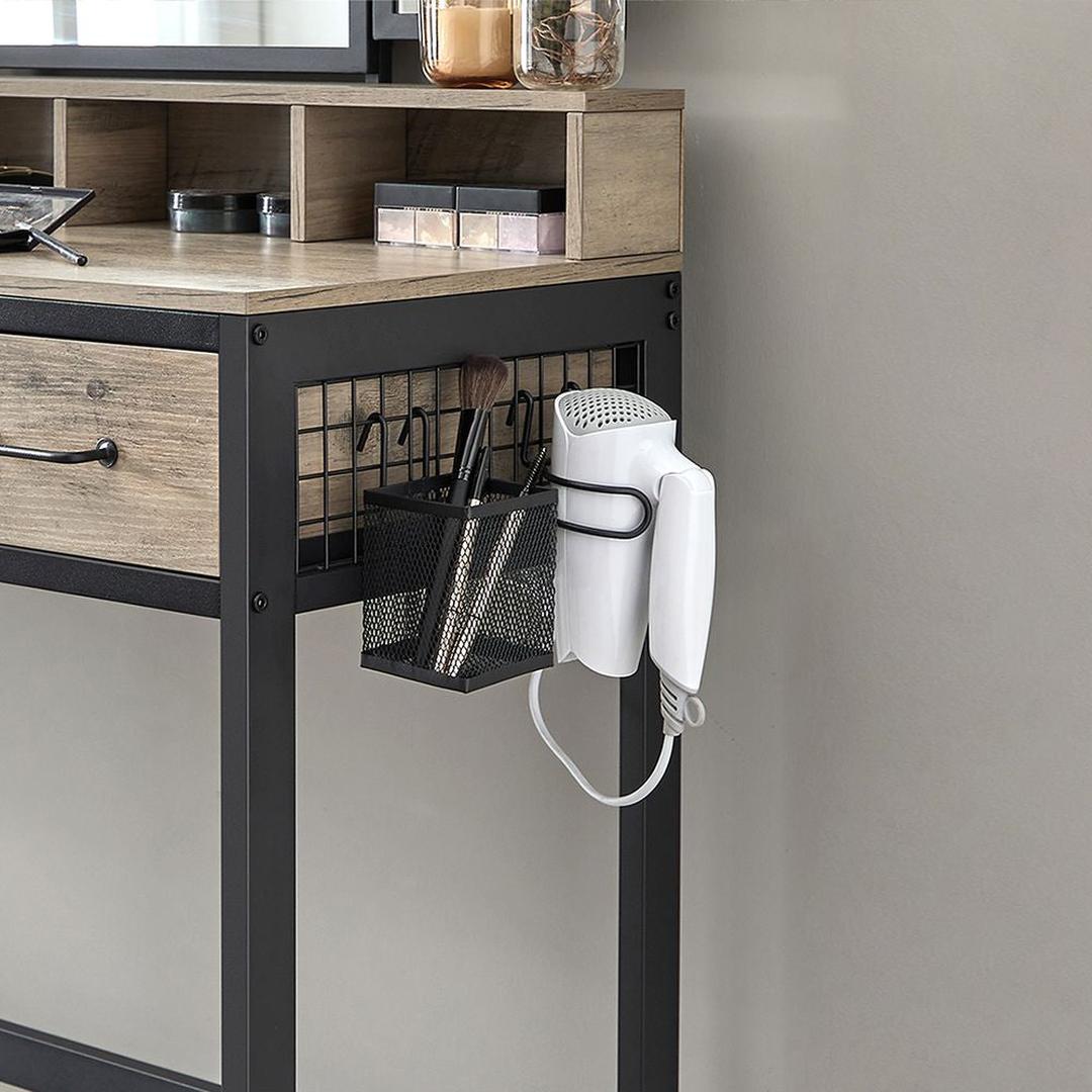 Kaptafel met Spiegel en Kruk – Make-uptafel met 3-Delige Klapspiegel, Lades en Open Opbergvakken
