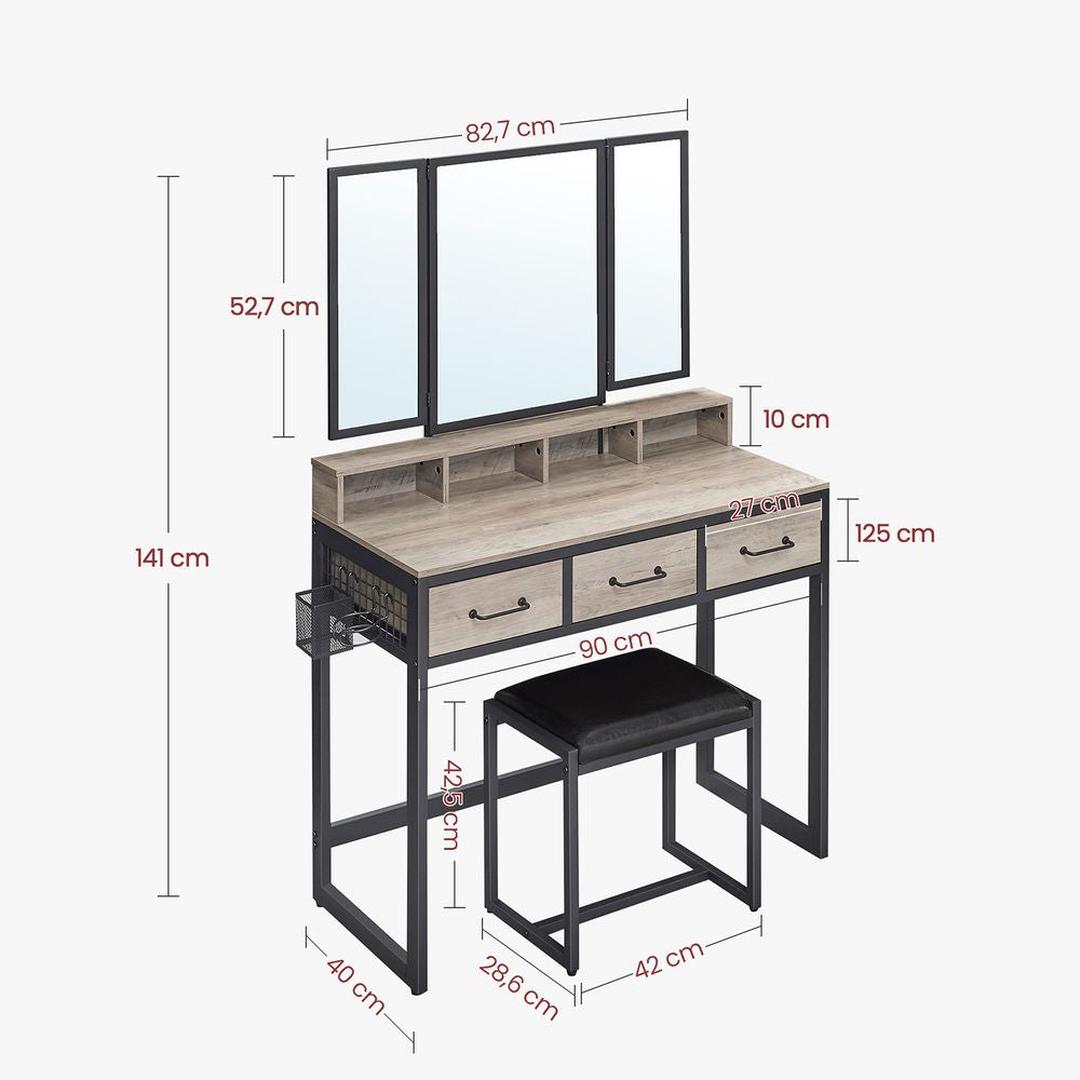 Kaptafel met Spiegel en Kruk – Make-uptafel met 3-Delige Klapspiegel, Lades en Open Opbergvakken
