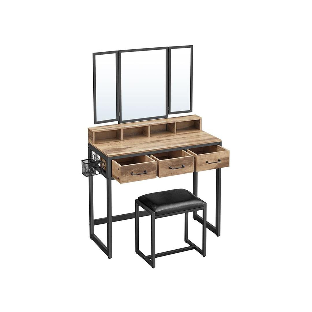 Kaptafel met Spiegel en Kruk – Make-uptafel met 3-Delige Klapspiegel, Lades en Open Opbergvakken