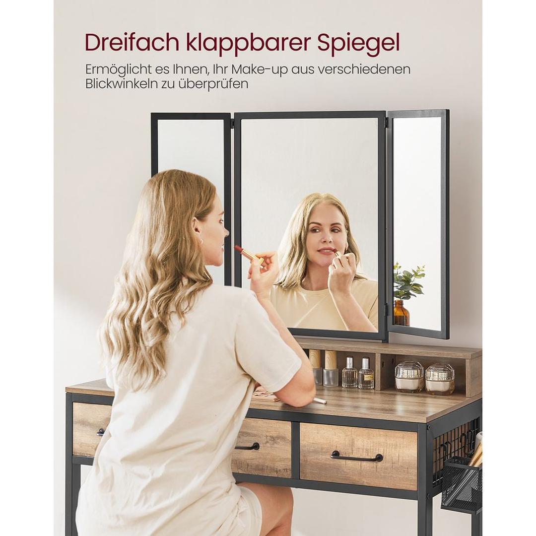 Kaptafel met Spiegel en Kruk – Make-uptafel met 3-Delige Klapspiegel, Lades en Open Opbergvakken