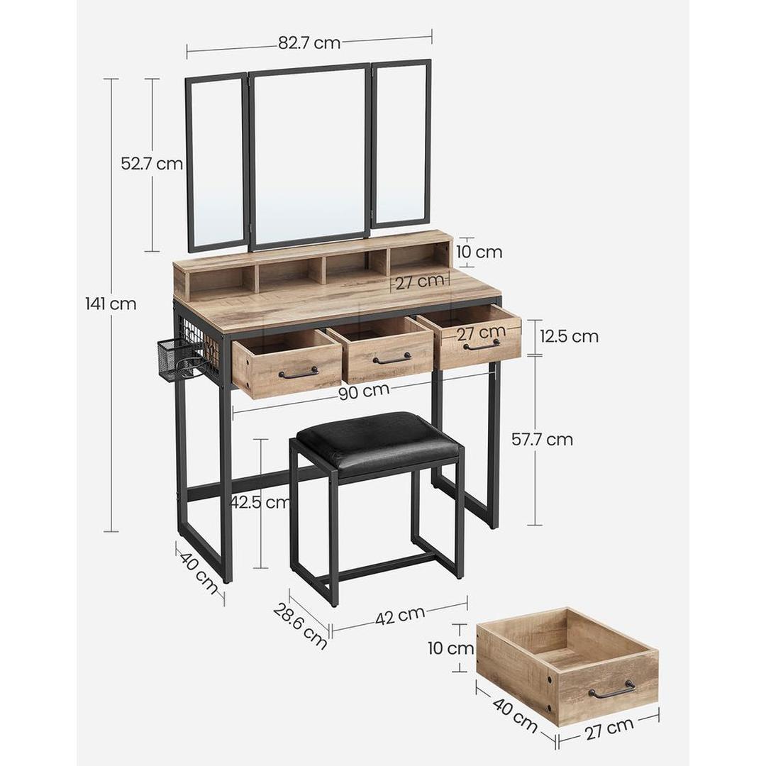 Kaptafel met Spiegel en Kruk – Make-uptafel met 3-Delige Klapspiegel, Lades en Open Opbergvakken