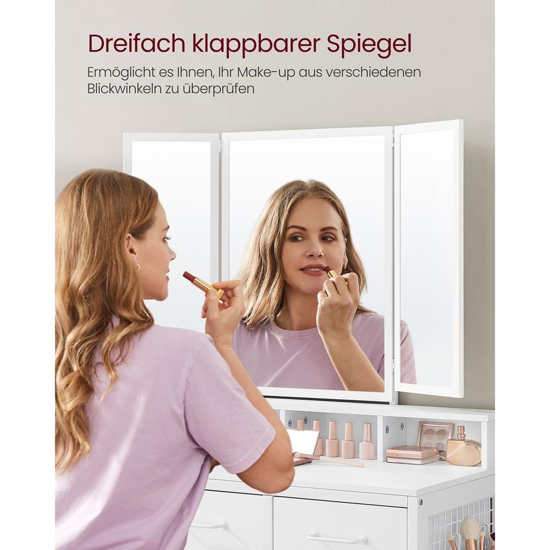 Kaptafel met Spiegel en Kruk – Make-uptafel met 3-Delige Klapspiegel, Lades en Open Opbergvakken