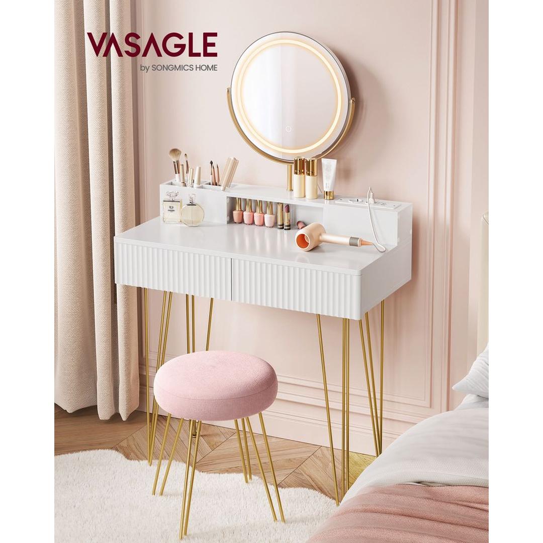 Kaptafel met Spiegel, Kruk en LED Verlichting – Make-uptafel met Lades en Oplaadstation, 40 × 80 × 134,8 cm