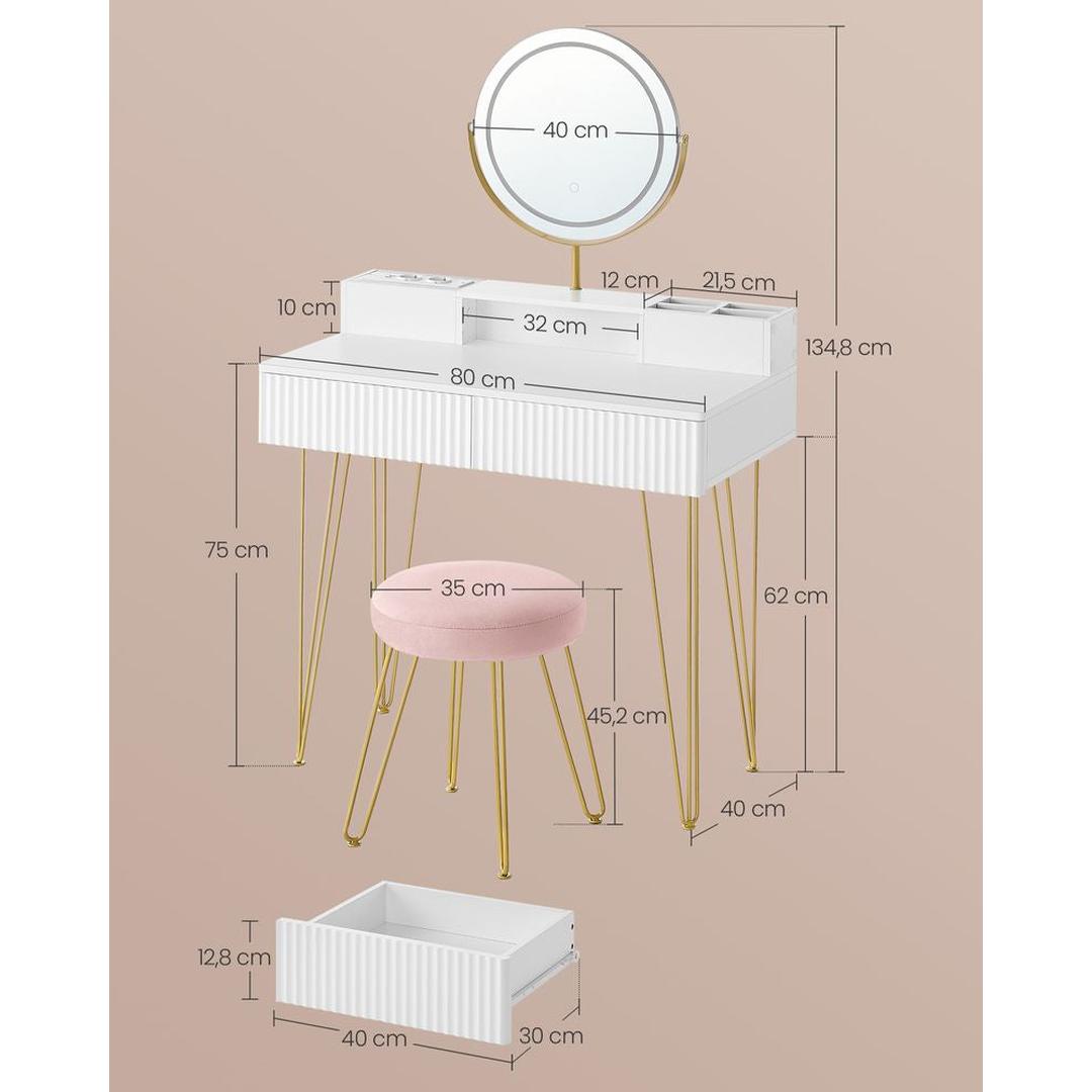 Kaptafel met Spiegel, Kruk en LED Verlichting – Make-uptafel met Lades en Oplaadstation, 40 × 80 × 134,8 cm