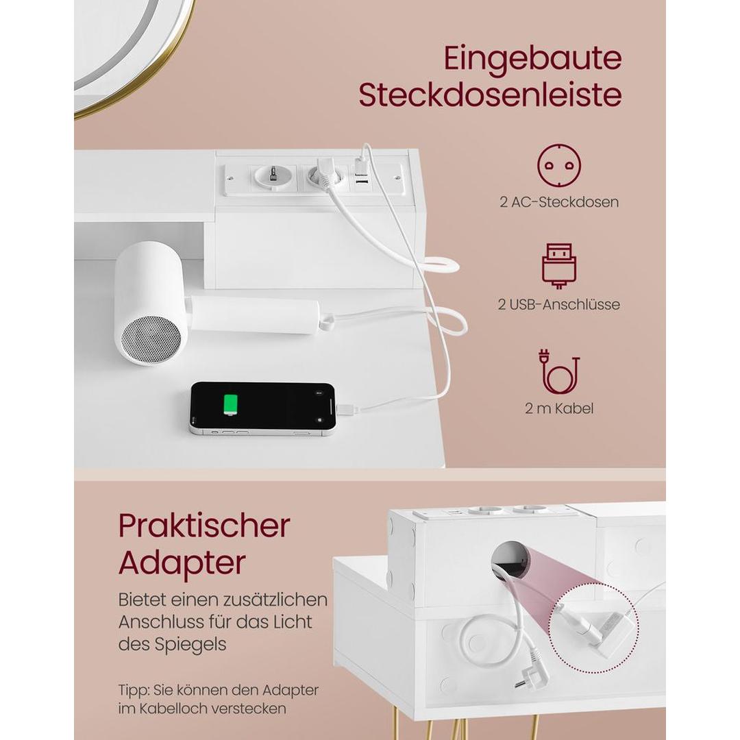 Kaptafel met Spiegel, Kruk en LED Verlichting – Make-uptafel met Lades en Oplaadstation, 40 × 80 × 134,8 cm