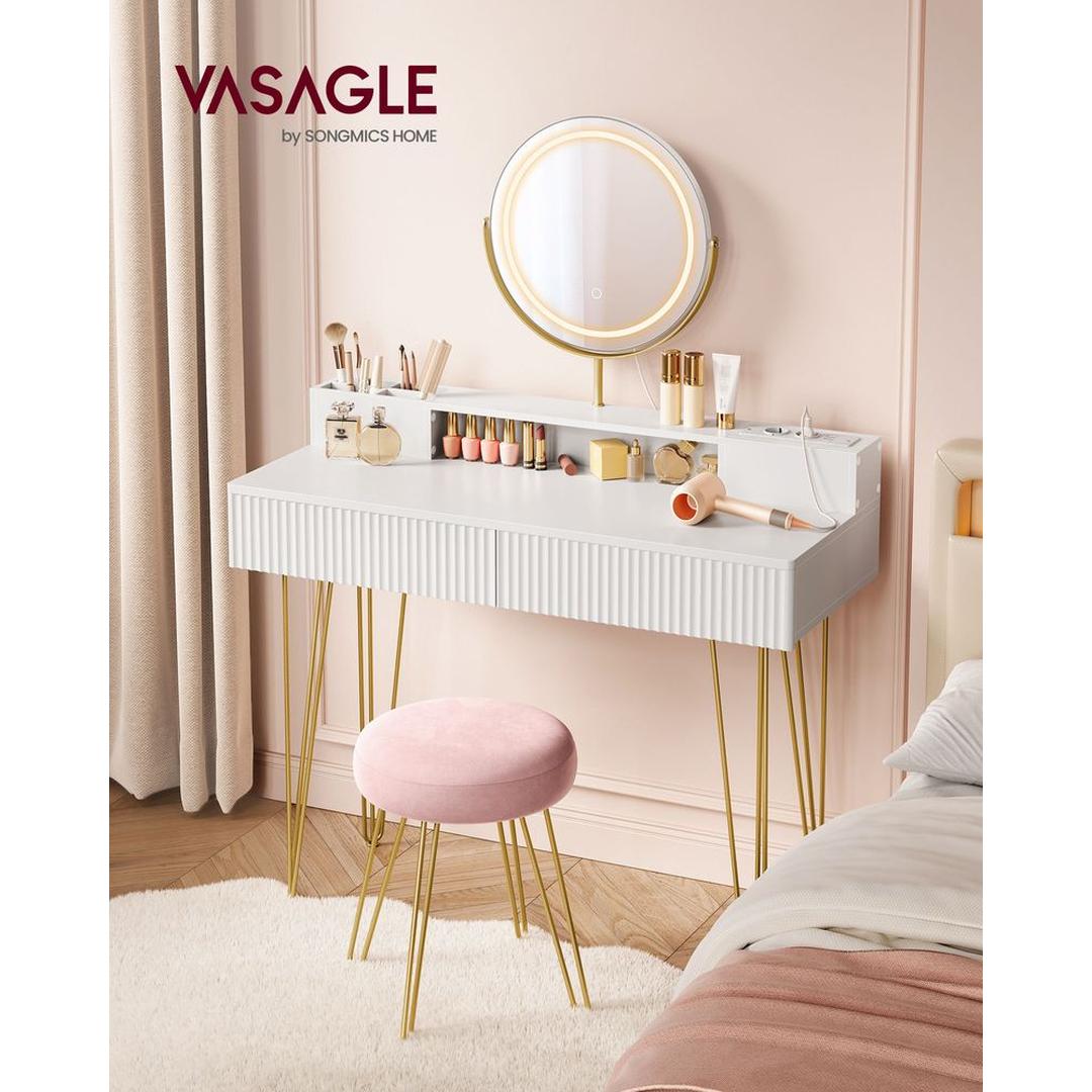 Kaptafel met Spiegel, Kruk en LED Verlichting – Make-uptafel met Lades en Oplaadstation, 40 × 80 × 134,8 cm