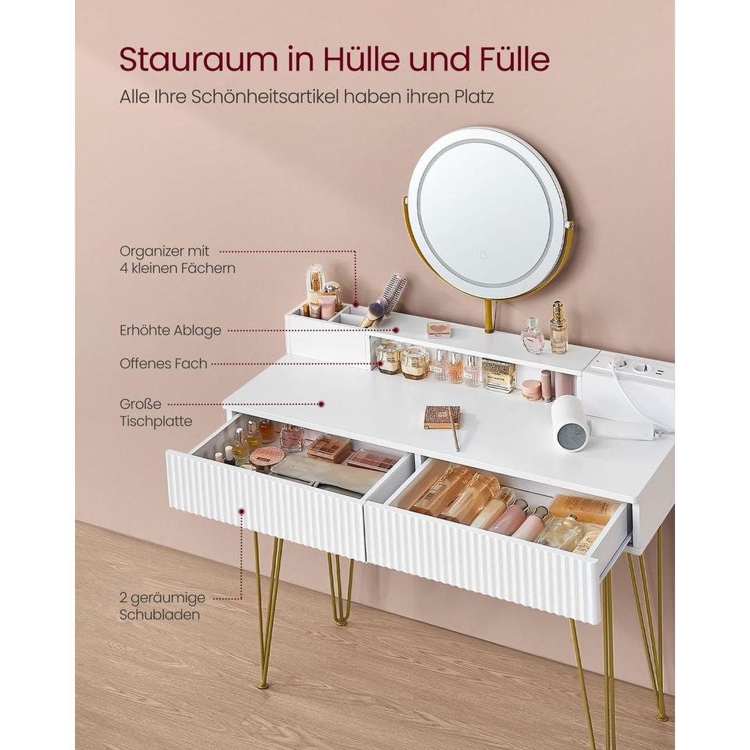 Kaptafel met Spiegel, Kruk en LED Verlichting – Make-uptafel met Lades en Oplaadstation, 40 × 80 × 134,8 cm
