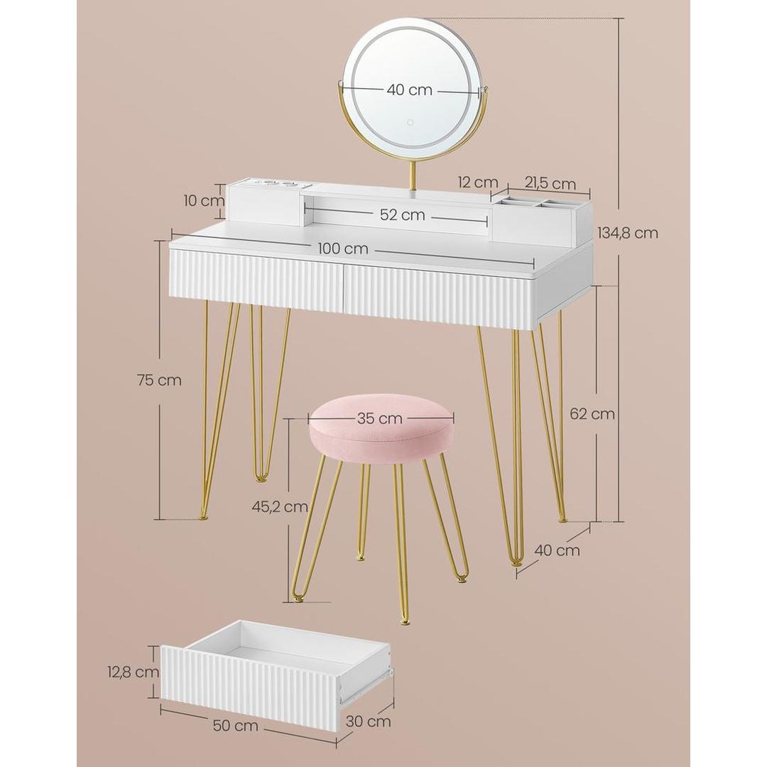 Kaptafel met Spiegel, Kruk en LED Verlichting – Make-uptafel met Lades en Oplaadstation, 40 × 80 × 134,8 cm
