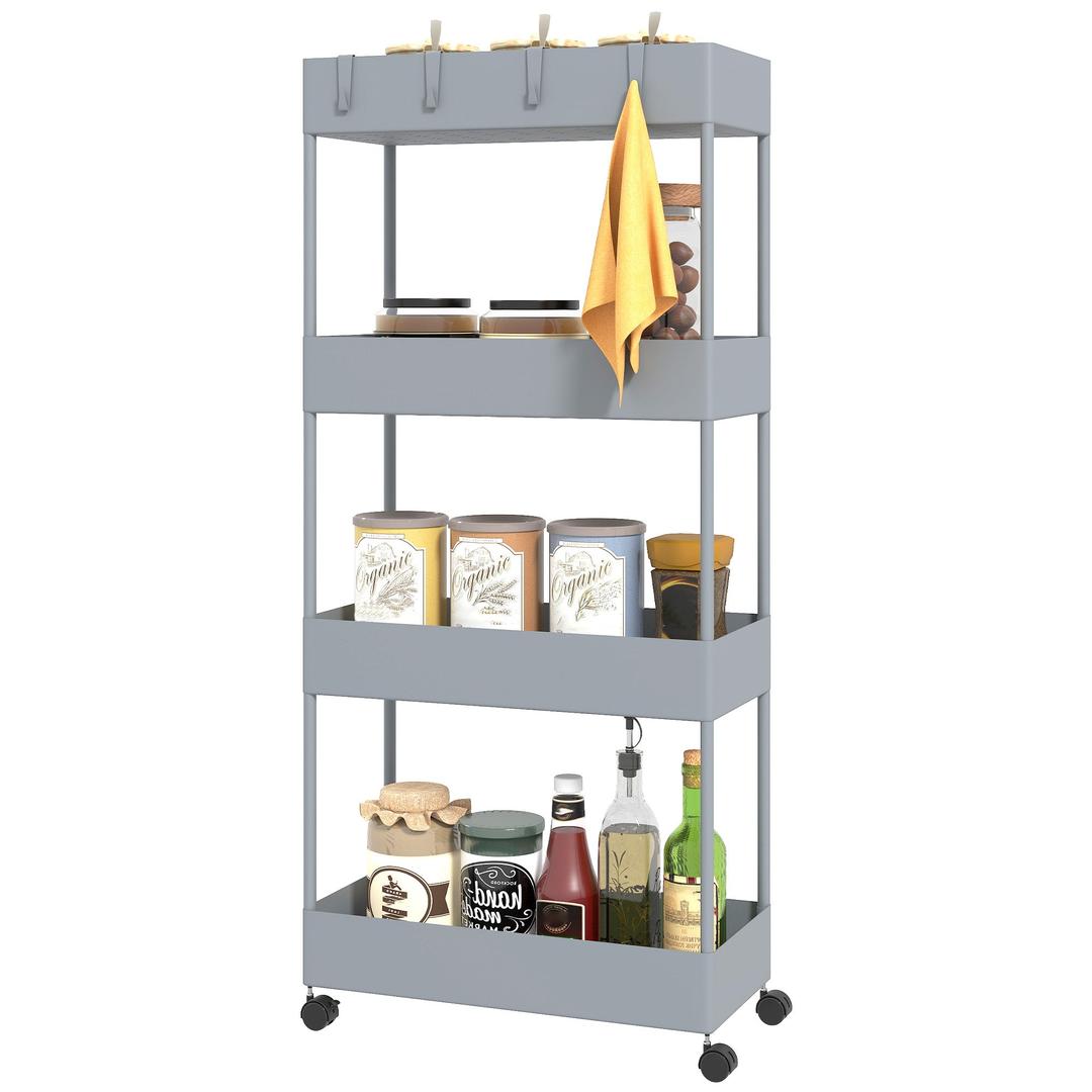 Keukenwagen met 4 legplanken en 4 haken – op wielen – Grijs – 40 × 19 × 90 cm