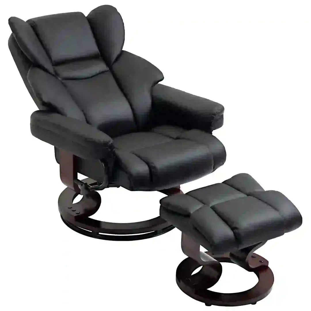 Fauteuil met Hocker – Draaibare Relaxstoel met Ligfunctie van Kunstleer en Metalen Frame, Crème, 80 x 79 x 100 cm