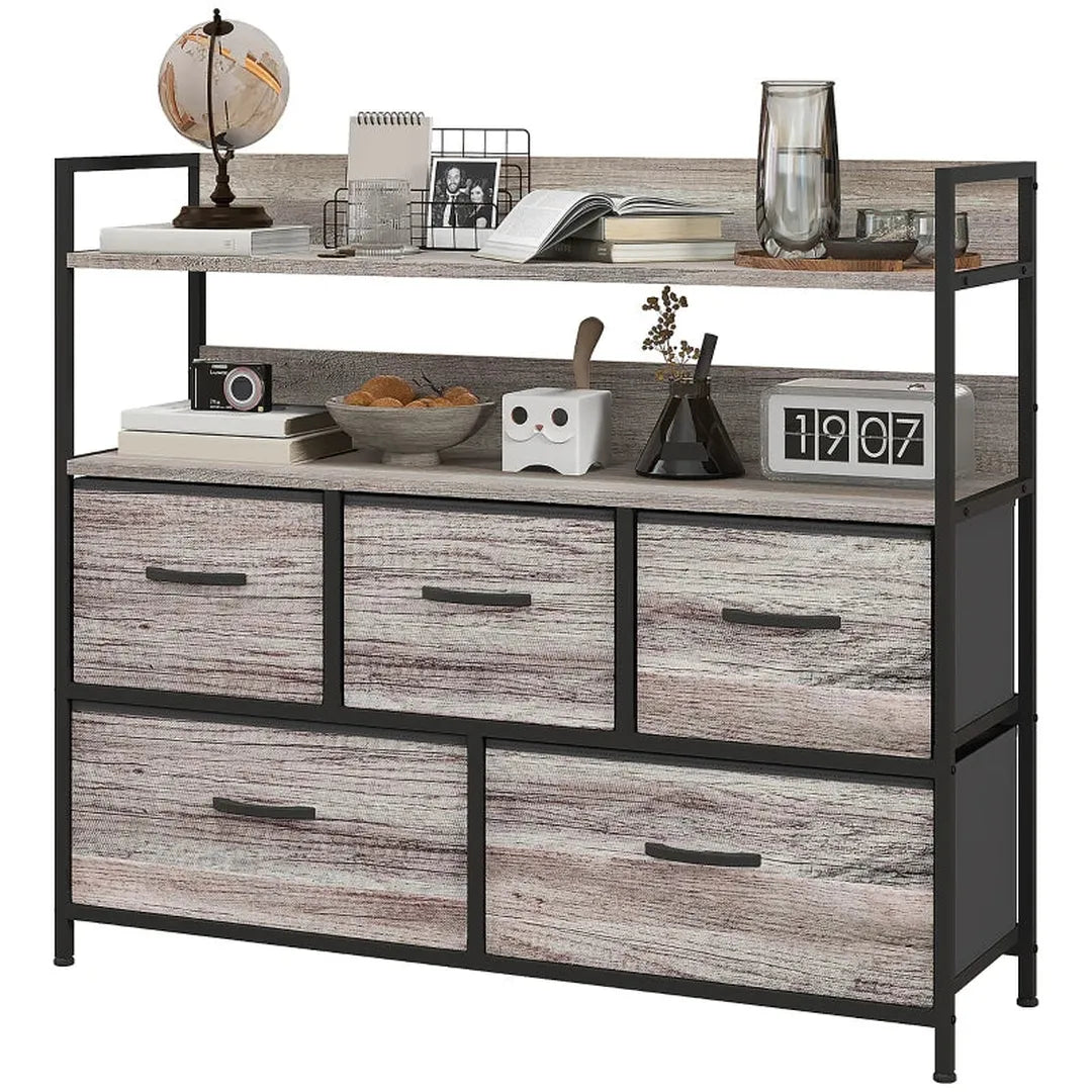 Dressoir met 5 stoffen lades en 2 planken – Opbergkast met stalen frame – Grijs – 98x29x85 cm