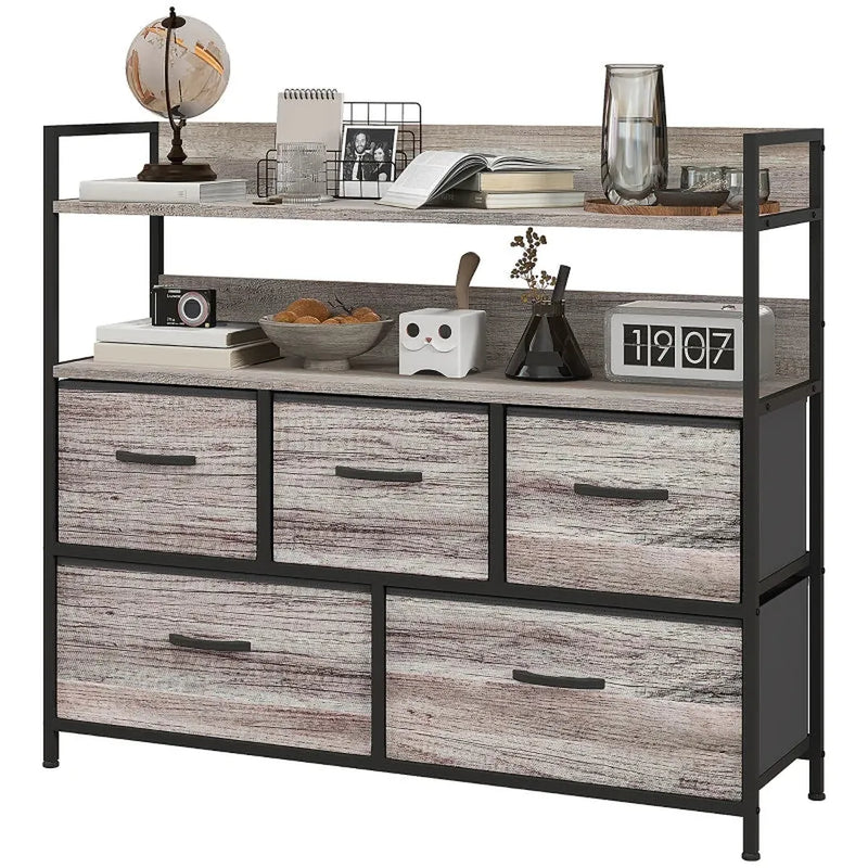 Dressoir met 5 stoffen lades en 2 planken – Opbergkast met stalen frame – Grijs – 98x29x85 cm