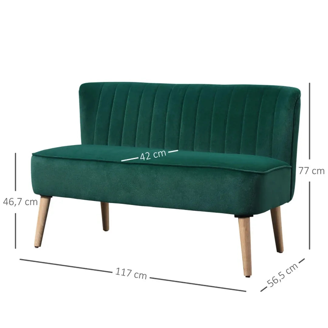 2-zits stoffen bank – gestoffeerd met fluweelachtig polyester – donker groen – houtframe – 117 x 56,5 x 77 cm