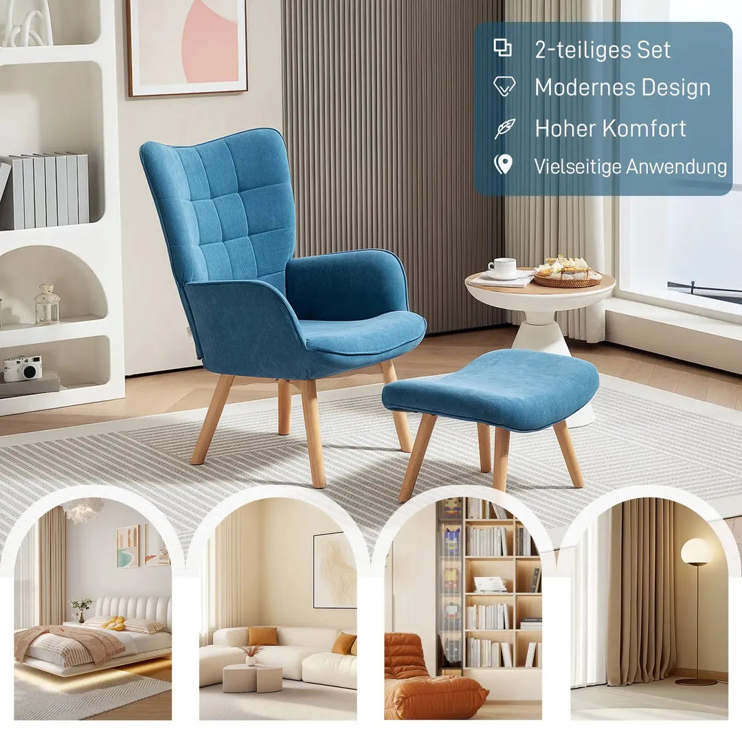 Fauteuil met Hocker – Relaxstoel in Cordstof met Armleuningen en Houten Poten, Grijs, voor Woonkamer