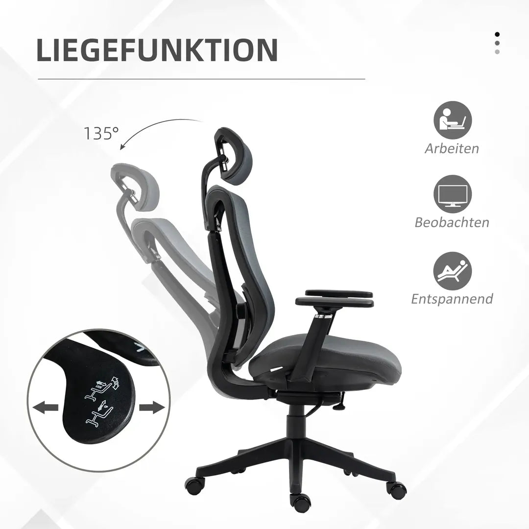 Bureaustoel met 135° kantelfunctie – in hoogte verstelbaar, ergonomische rug- en hoofdsteun, grijs