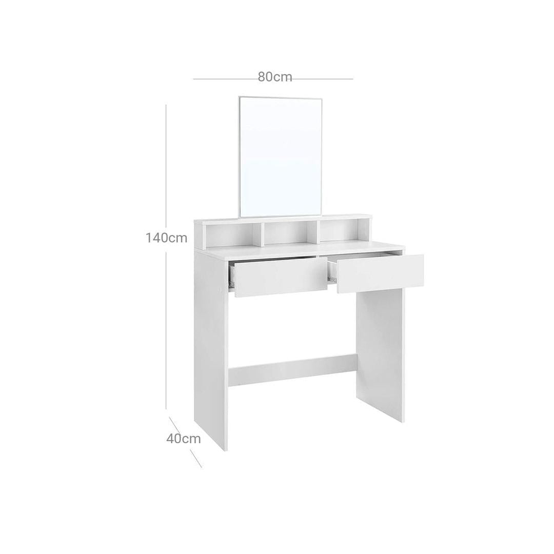 Kaptafel met Rechthoekige Spiegel – Make-uptafel met 2 Lades, Open Opbergvakken en Verhoogde Plank