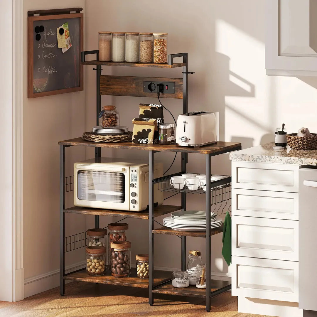 Keukenrek met 2 stopcontacten – staand opbergrek met 5 legplanken, draadmand en haken, 90 × 42 × 130 cm