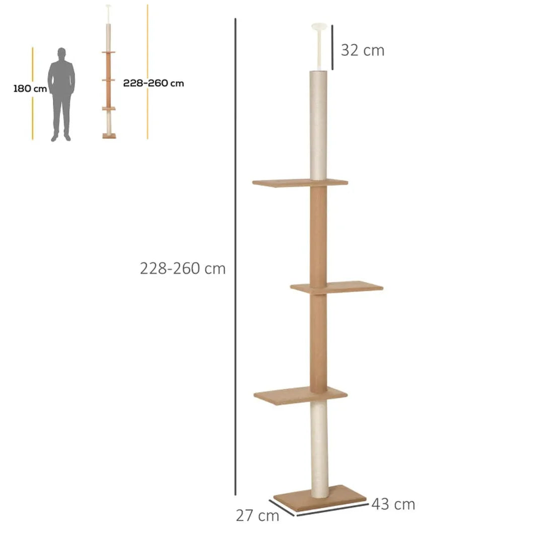 Krabpaal van vloer tot plafond – in hoogte verstelbaar 228-260 cm – 3 niveaus – lichtbruin