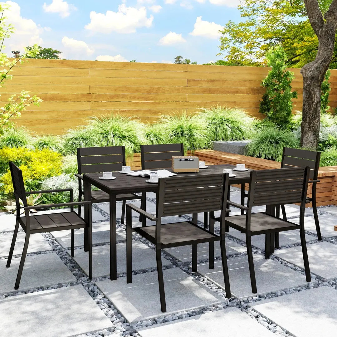 Outsunny 7-delige tuinset met 6 stapelbare stoelen en tafel 160 x 80 x 74 cm – stalen frame en HDPE blad
