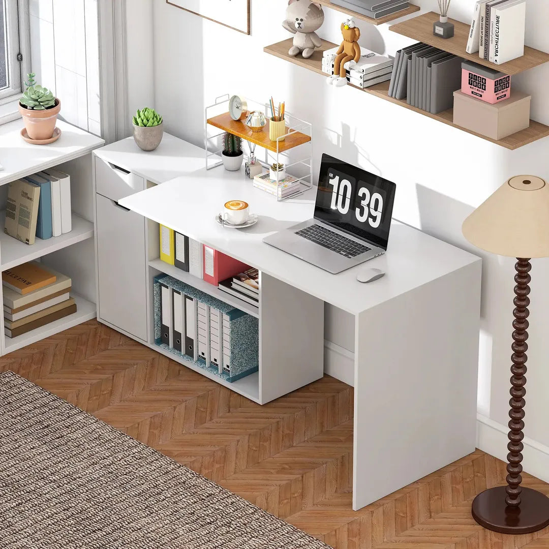 Flexibel bureau met kast en lade – hoekbureau met open vakken, hout, wit