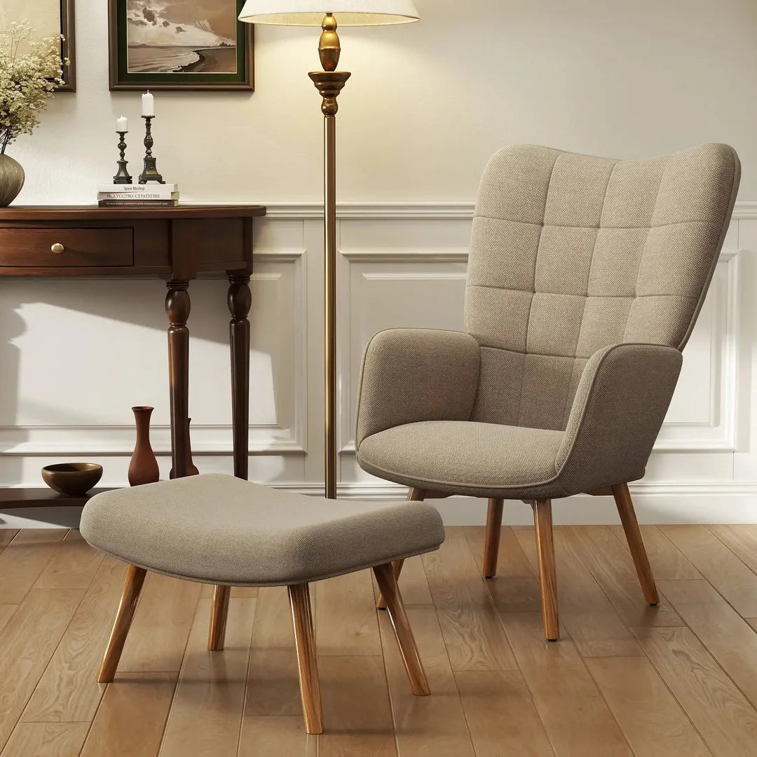Fauteuil met Hocker – Relaxstoel in Cordstof met Armleuningen en Houten Poten, Grijs, voor Woonkamer