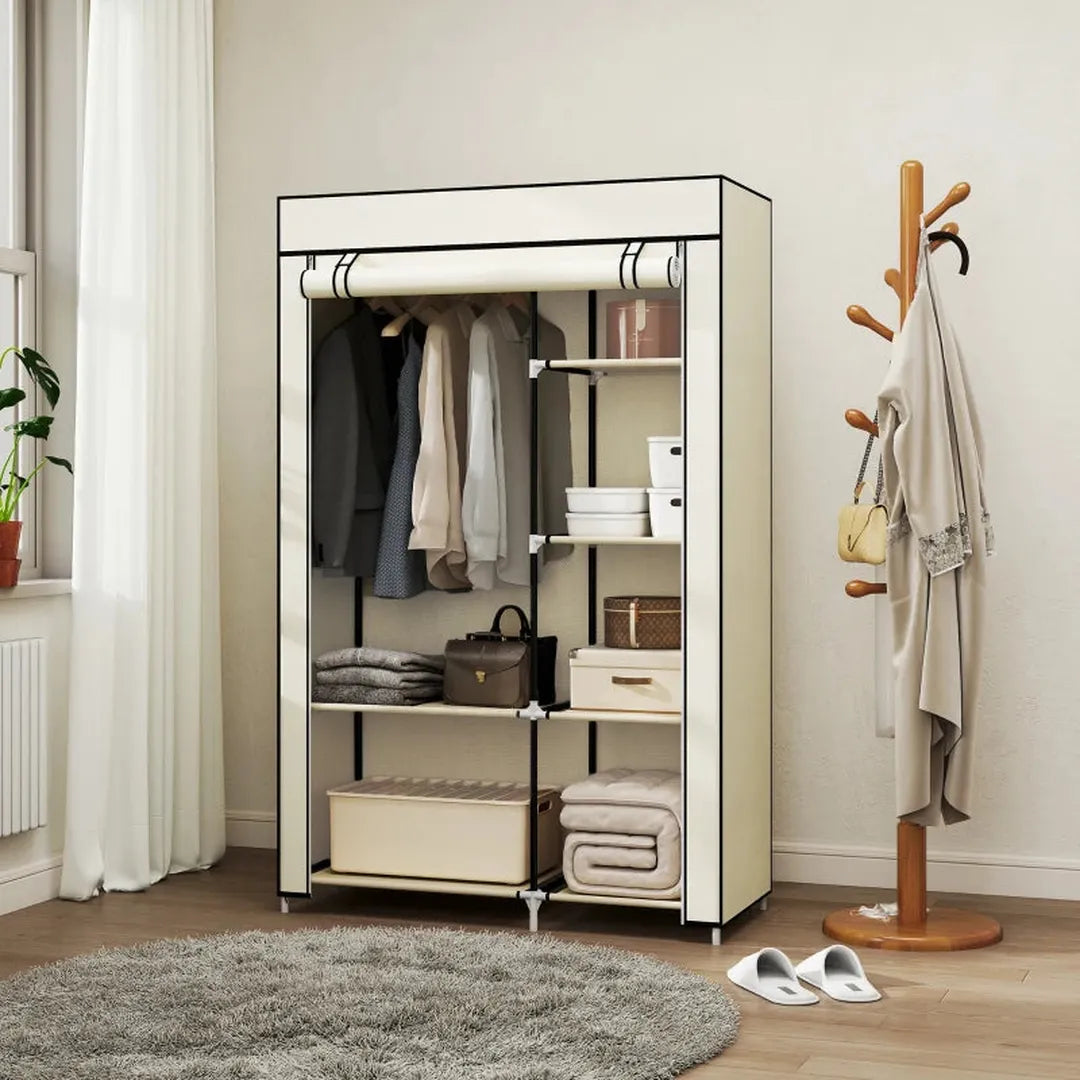 Opvouwbare kledingkast van stof – 6 legplanken en 1 kledingstang – Donkergrijs – Opbergkast voor slaapkamer