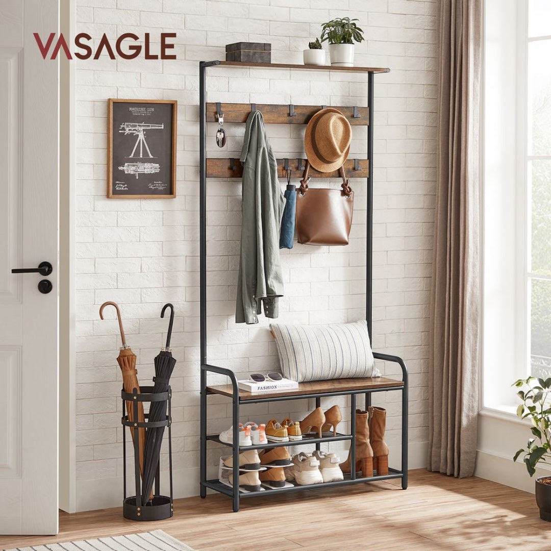 Vrijstaande Kapstok met 9 Haken – 30 × 85 × 180,5 cm – In Eikenkleur en Wit – Slank Halmeubel