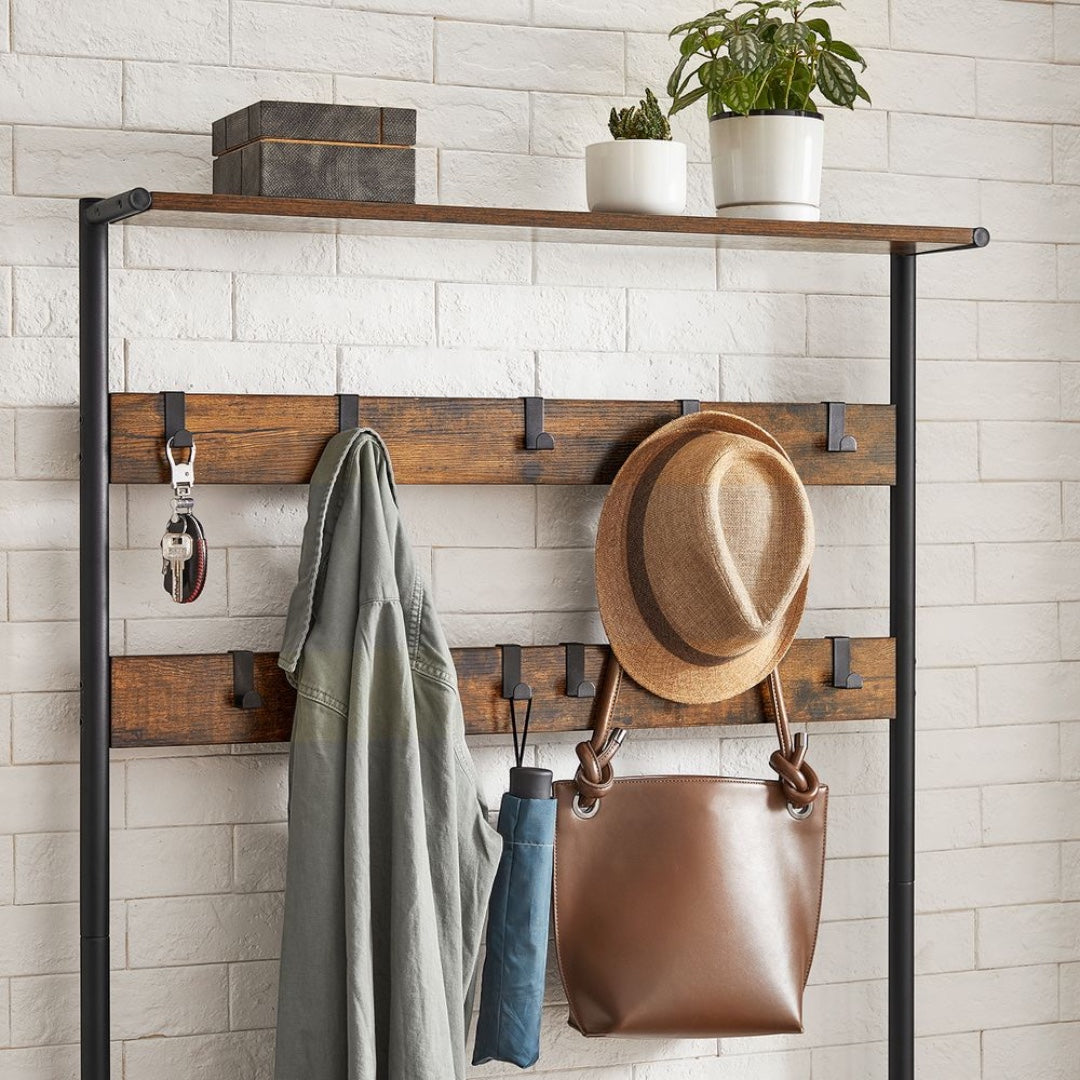 Vrijstaande Kapstok met 9 Haken – 30 × 85 × 180,5 cm – In Eikenkleur en Wit – Slank Halmeubel
