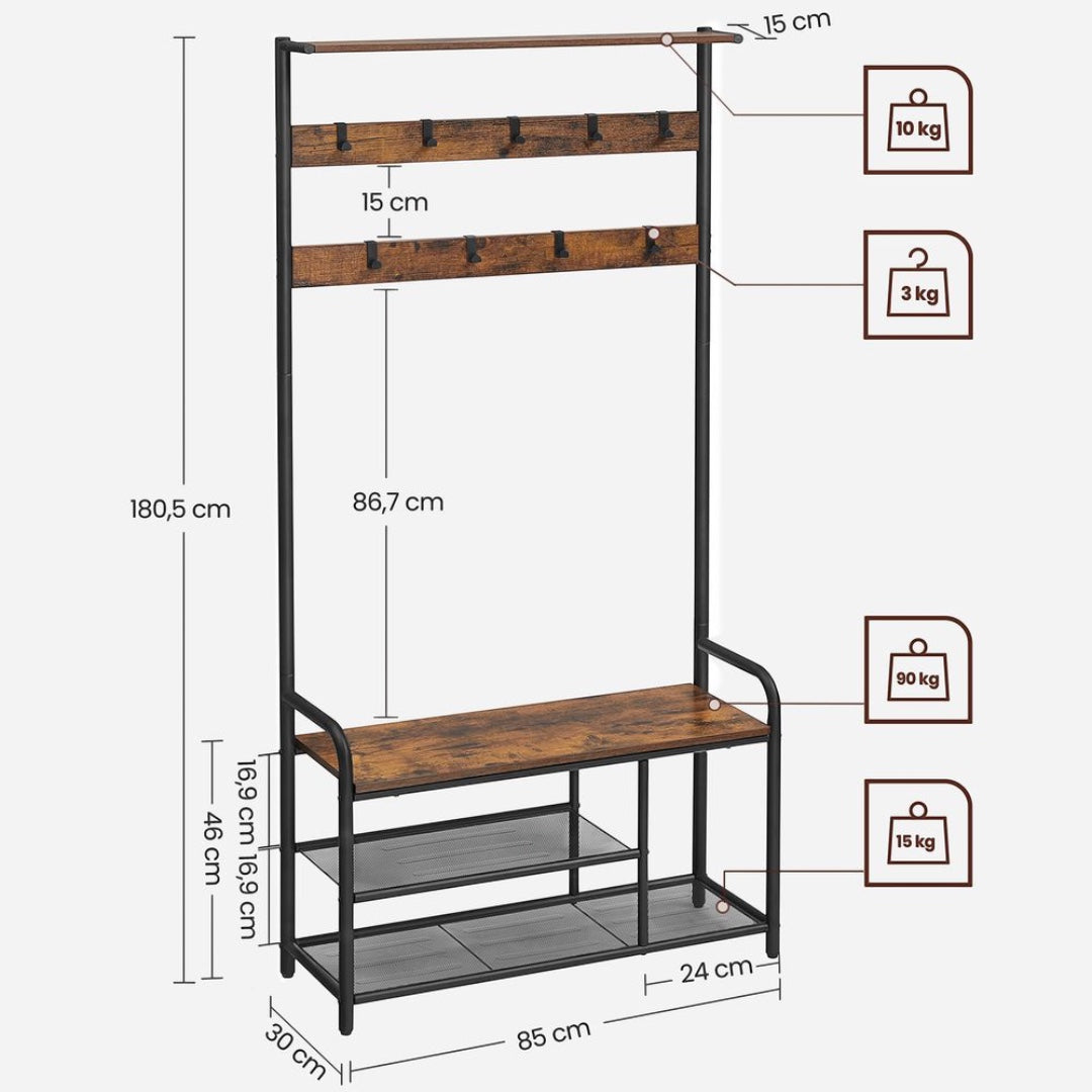 Vrijstaande Kapstok met 9 Haken – 30 × 85 × 180,5 cm – In Eikenkleur en Wit – Slank Halmeubel