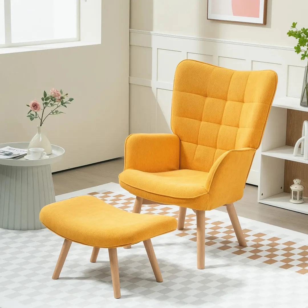 Fauteuil met Hocker – Relaxstoel in Cordstof met Armleuningen en Houten Poten, Grijs, voor Woonkamer