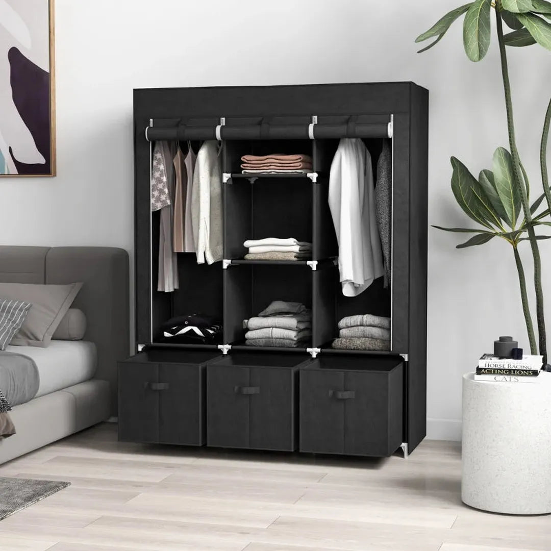 Kledingkast van stof met lades – Opvouwbaar opbergkast met 3 schuiflades – Zwart – 125x43x162,5 cm