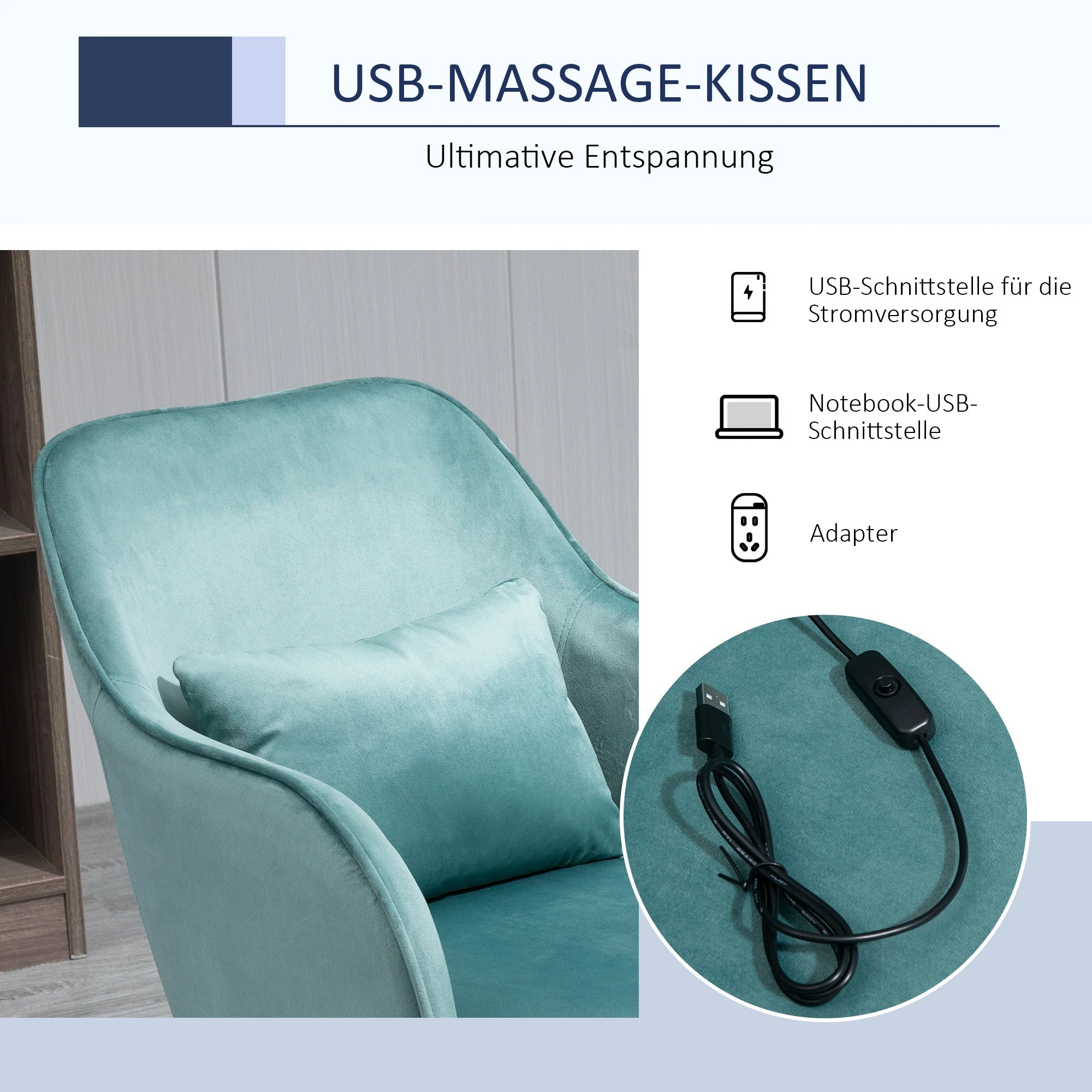 Bureaustoel met massagefunctie – in hoogte verstelbaar, draaibaar, met USB-aansluiting en lendenkussen, grijs