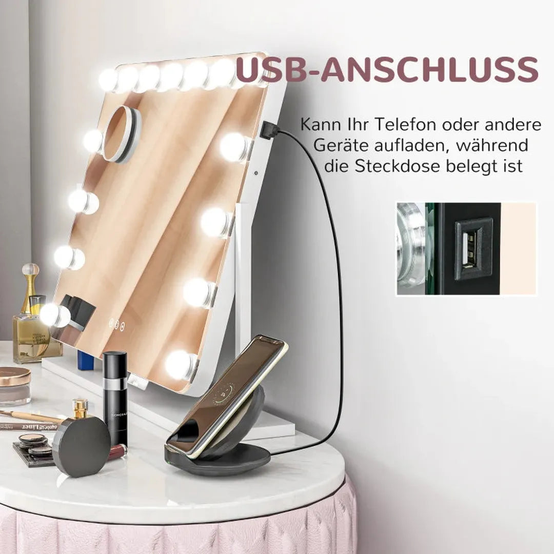 LED make-up spiegel – 3 lichtstanden – dimbaar – touchbediening – USB – 62,5 x 49,5 cm