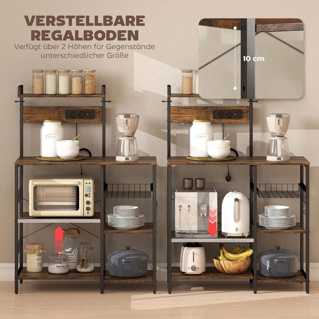 Keukenrek met 2 stopcontacten – staand opbergrek met 5 legplanken, draadmand en haken, 90 × 42 × 130 cm