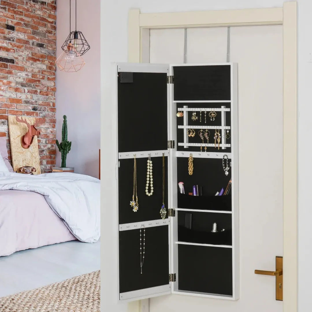 Sieradenkast met spiegel – wandmodel – 2-in-1 opbergkast en spiegel – MDF – wit – 36,6 x 8 x 120 cm